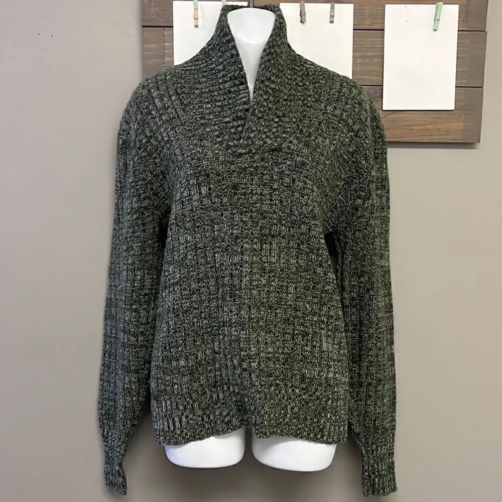 Lambs Wool Blend Heather Green Long Sleeve Cable Cowl Neck Sweater Large Petite
